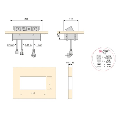 Gniazdo chowane w blat ATOM 2xUSB HDMI Czarne Emuca