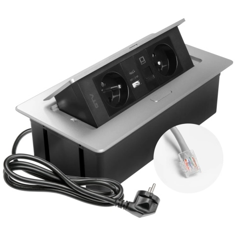 Gniazdo meblowe MULTISOFT wpuszczane w blat 2x gniazdo z uziemieniem, USB A+C RJ45 GTV aluminium