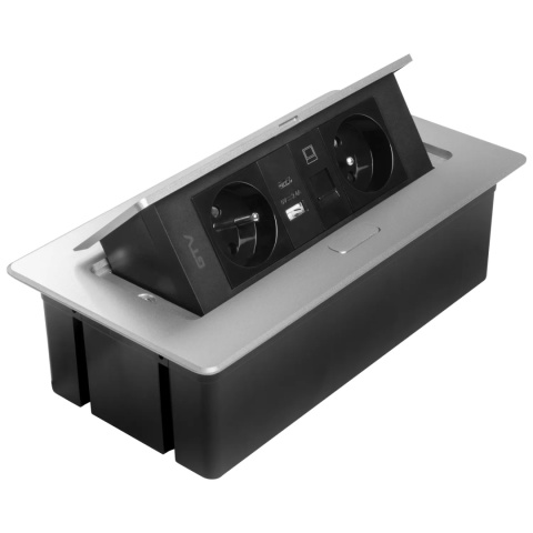 Gniazdo meblowe MULTISOFT wpuszczane w blat 2x gniazdo z uziemieniem, USB A+C RJ45 GTV aluminium