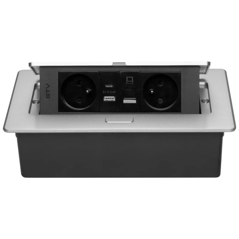 Gniazdo meblowe MULTISOFT wpuszczane w blat 2x gniazdo z uziemieniem, USB A+C RJ45 GTV aluminium