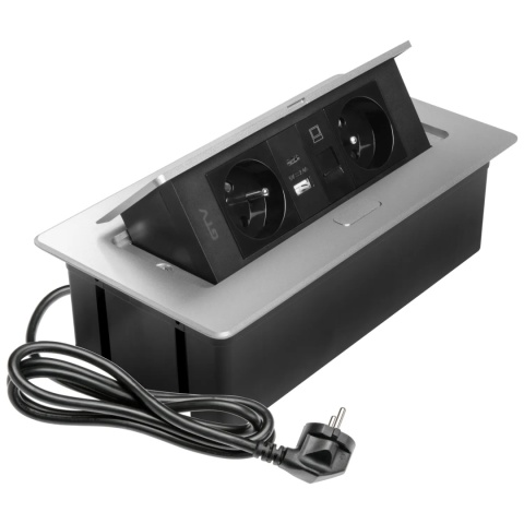 Gniazdo meblowe MULTISOFT wpuszczane w blat 2x gniazdo z uziemieniem, USB A+C RJ45 GTV aluminium