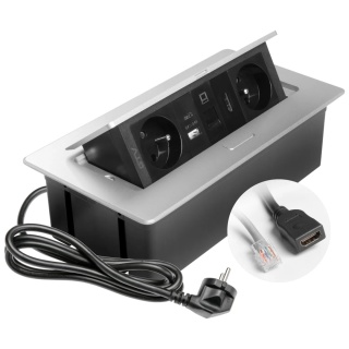 Gniazdo meblowe MULTISOFT wpuszczane w blat 2x gniazdo z uziemieniem, USB A+C RJ45 HDMI 2.0 GTV aluminium