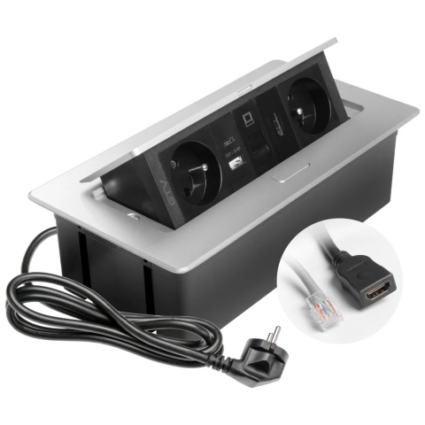 Gniazdo meblowe MULTISOFT wpuszczane w blat 2x gniazdo z uziemieniem, USB A+C RJ45 HDMI 2.0 GTV aluminium