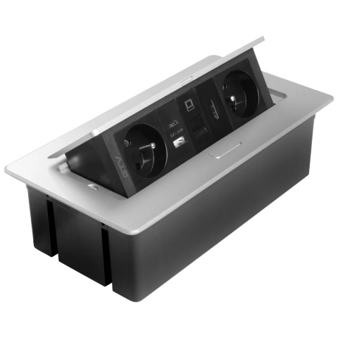 Gniazdo meblowe MULTISOFT wpuszczane w blat 2x gniazdo z uziemieniem, USB A+C RJ45 HDMI 2.0 GTV aluminium