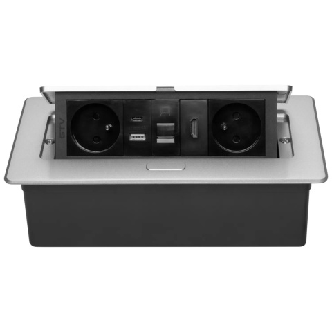 Gniazdo meblowe MULTISOFT wpuszczane w blat 2x gniazdo z uziemieniem, USB A+C RJ45 HDMI 2.0 GTV aluminium