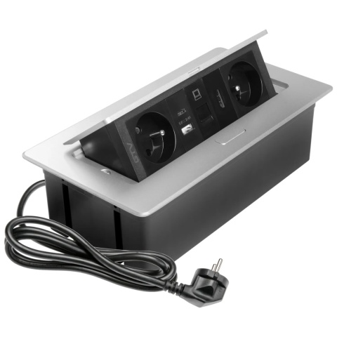 Gniazdo meblowe MULTISOFT wpuszczane w blat 2x gniazdo z uziemieniem, USB A+C RJ45 HDMI 2.0 GTV aluminium