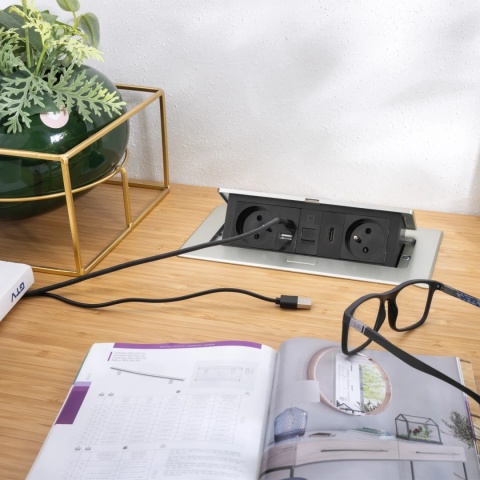 Gniazdo meblowe MULTISOFT wpuszczane w blat 2x gniazdo z uziemieniem, USB A+C RJ45 HDMI 2.0 GTV aluminium