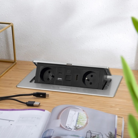 Gniazdo meblowe MULTISOFT wpuszczane w blat 2x gniazdo z uziemieniem, USB A+C RJ45 HDMI 2.0 GTV aluminium