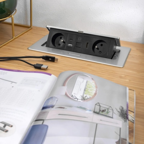 Gniazdo meblowe MULTISOFT wpuszczane w blat 2x gniazdo z uziemieniem, USB A+C RJ45 HDMI 2.0 GTV aluminium