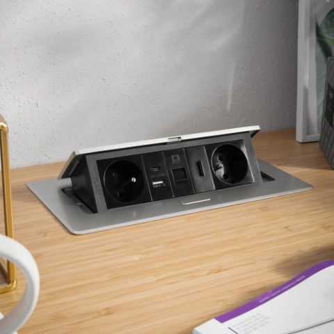 Gniazdo meblowe MULTISOFT wpuszczane w blat 2x gniazdo z uziemieniem, USB A+C RJ45 HDMI 2.0 GTV aluminium