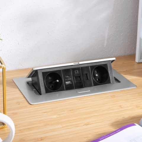 Gniazdo meblowe MULTISOFT wpuszczane w blat 2x gniazdo z uziemieniem, USB A+C RJ45 HDMI 2.0 GTV aluminium