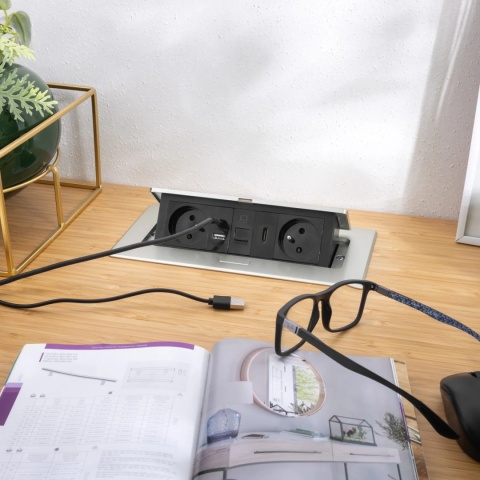 Gniazdo meblowe MULTISOFT wpuszczane w blat 2x gniazdo z uziemieniem, USB A+C RJ45 HDMI 2.0 GTV aluminium