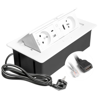Gniazdo meblowe MULTISOFT wpuszczane w blat 2x gniazdo z uziemieniem, USB A+C RJ45 HDMI 2.0 GTV białe