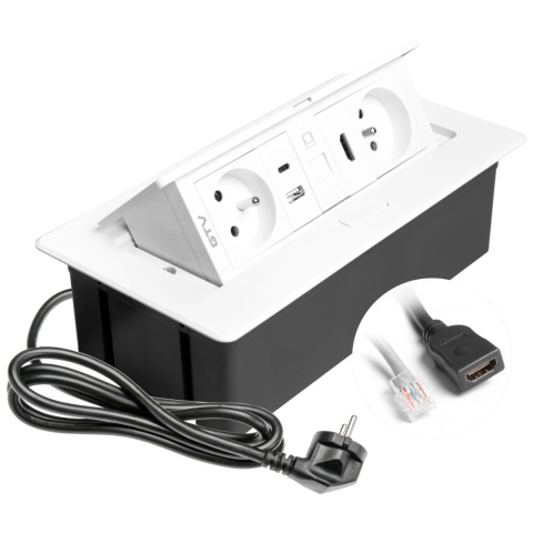 Gniazdo meblowe MULTISOFT wpuszczane w blat 2x gniazdo z uziemieniem, USB A+C RJ45 HDMI 2.0 GTV białe
