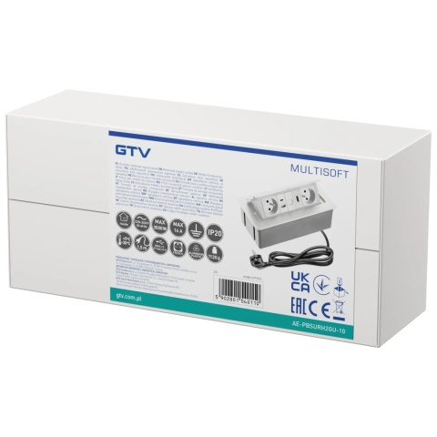 Gniazdo meblowe MULTISOFT wpuszczane w blat 2x gniazdo z uziemieniem, USB A+C RJ45 HDMI 2.0 GTV białe
