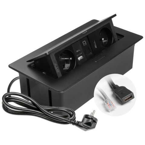 Gniazdo meblowe MULTISOFT wpuszczane w blat 2x gniazdo z uziemieniem, USB A+C RJ45 HDMI 2.0 GTV czarne