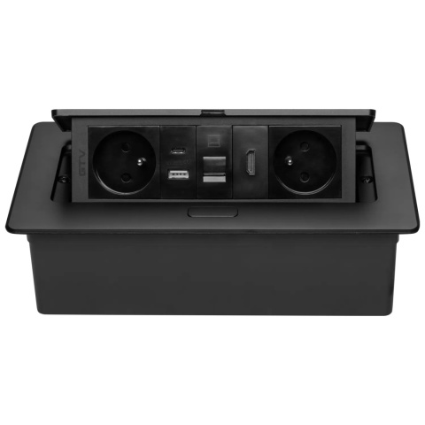 Gniazdo meblowe MULTISOFT wpuszczane w blat 2x gniazdo z uziemieniem, USB A+C RJ45 HDMI 2.0 GTV czarne