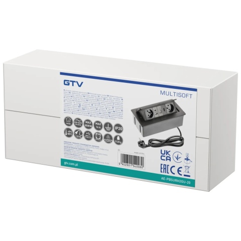 Gniazdo meblowe MULTISOFT wpuszczane w blat 2x gniazdo z uziemieniem, USB A+C RJ45 HDMI 2.0 GTV czarne