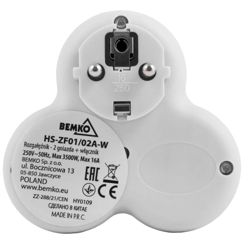 Rozgałęźnik trójkątny 2 gniazda 16A z wyłącznikiem Bemko