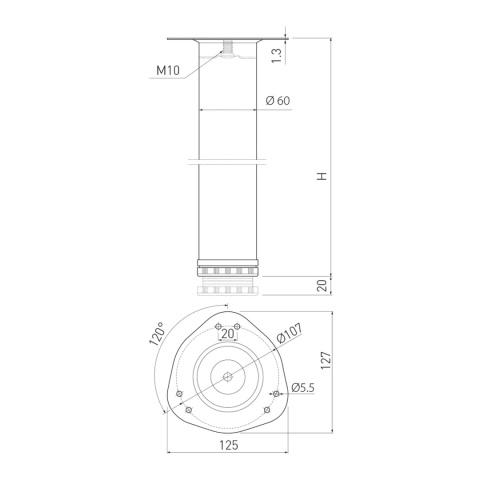 Noga meblowa do stołu STEP H-710 fi 60mm Biała