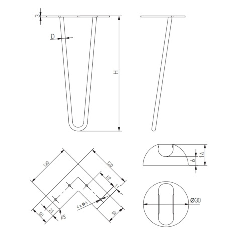 Noga meblowa hairpin Arto do stołu H-711 2 pręty fi 10mm GTV