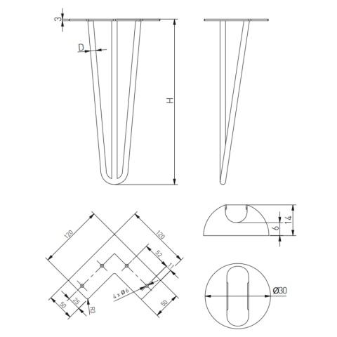 Noga meblowa hairpin Arto do stołu H-711 3 pręty fi 12mm GTV