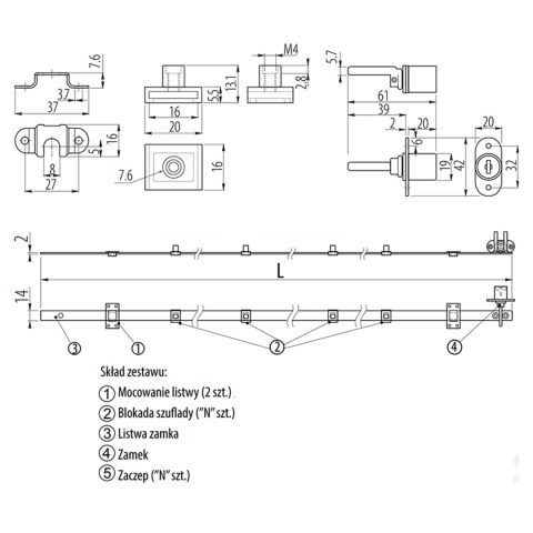 Zamek meblowy centralny do szuflad fi 19mm L-500 LEBA