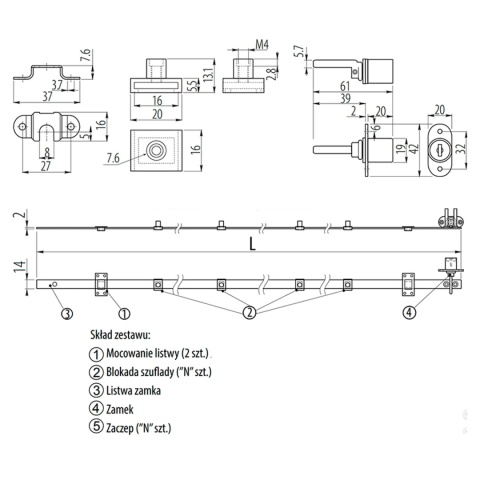 Zamek meblowy centralny do szuflad fi 19mm L-600 LEBA