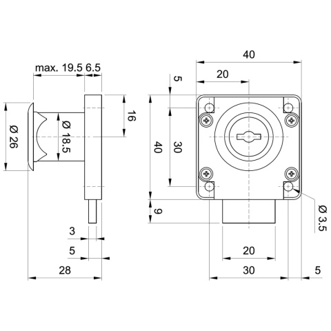 Zamek meblowy nakładany kwadratowy 40x40mm