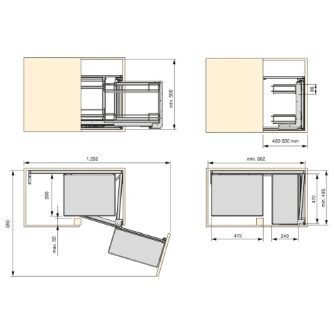 Kosz Cargo narożny Magic Corner TITANE ANGLE Prawy Antracyt Emuca