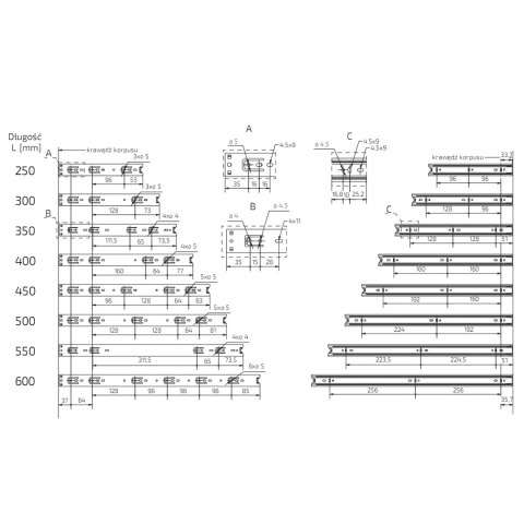 Prowadnica kulkowa do szuflad H-35 L-450 Amix