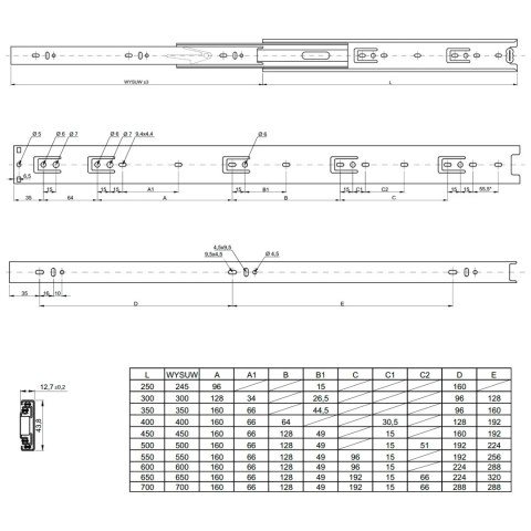 Prowadnica kulkowa do szuflad H-45 L-350 GTV