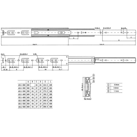 Prowadnica kulkowa do szuflad H-45 L-650 A1