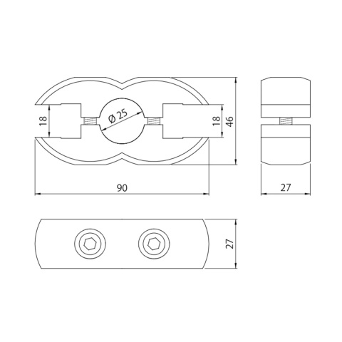 Złącze podwójne proste do szkła do rury fi 25mm chrom