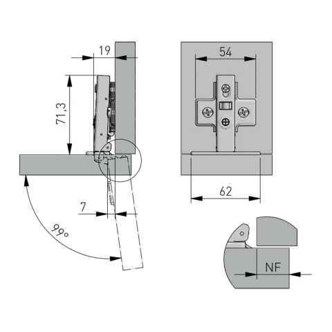 Zawias meblowy nakładany HIHC H-0 z samodociągiem bez euro CLIP-ON GTV