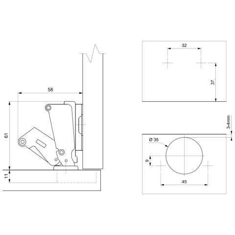 Zawias meblowy Hydrauliczny Kątowy 165° AGV + Prowadnik H-0 CLIP-ON AMIX