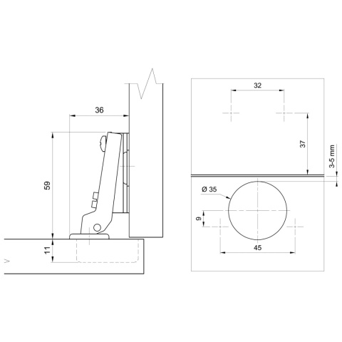 Zawias meblowy bliźniaczy AGV 110° + Prowadnik H-0 AMIX