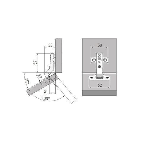Zawias meblowy kątowy 30° KT + Prowadnik H-2 GTV