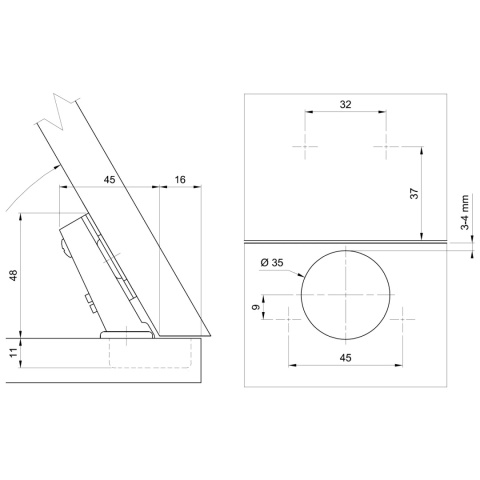 Zawias meblowy kątowy AGV minus 30° + Prowadnik H-4 AMIX