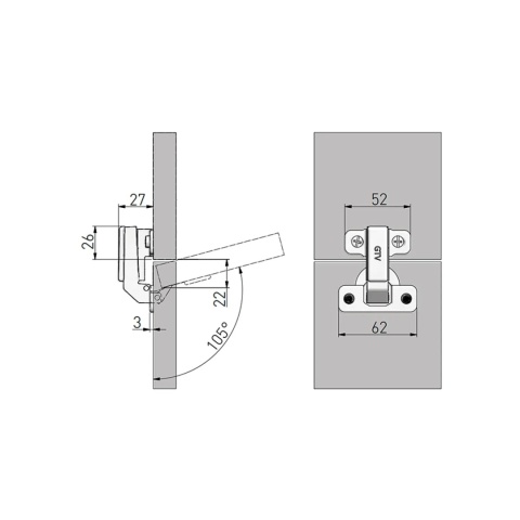 Zawias meblowy równoległy krótki KT 90° + Prowadnik H-6 GTV