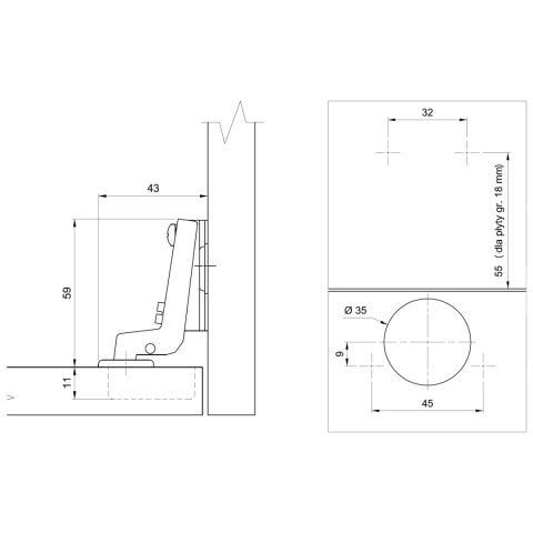 Zawias meblowy wpuszczany AGV 110° + Prowadnik H-0 CLIP-ON AMIX