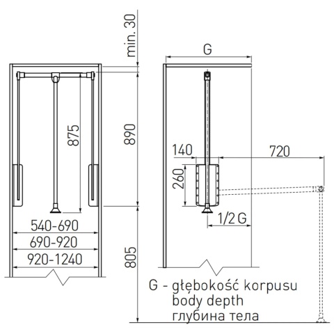 Pantograf wieszak opuszczany do garderoby 450-600mm czarny AMIX