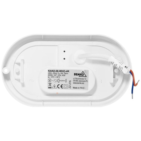 Oprawa LED KANLO OWALNA 8W 760LM 4000K IP54 Biała BEMKO