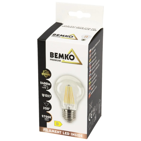 Żarówka LED E27 A70 16W 2400LM 2700K FILAMENT Bemko