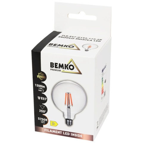 Żarówka LED E27 G125 11W 1550LM 4000K FILAMENT Bemko