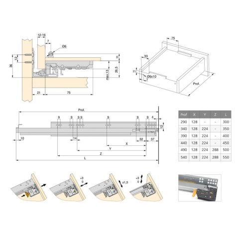 Prowadnica do szuflad SILVER-19 L-500 CICHY DOMYK Emuca