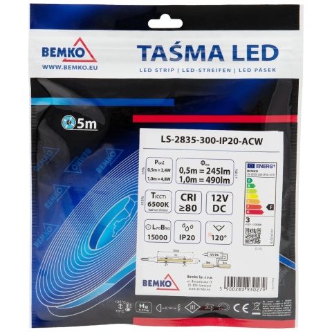 Taśma LED 2835-300 biały zimny 12V 5m IP20 Bemko