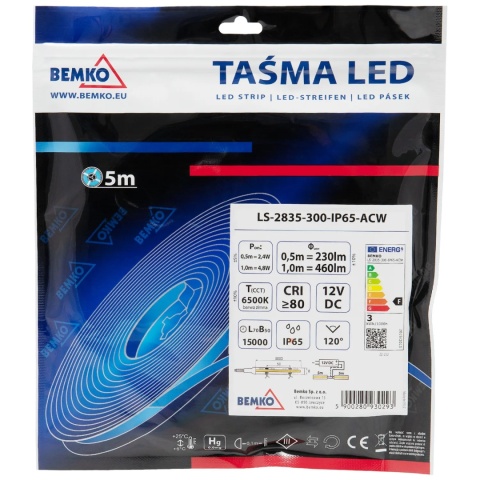 Taśma LED 2835-300 biały zimny 12V 5m IP65 Bemko