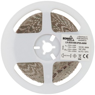 Taśma LED 2835-600 biały ciepły 12V 5m IP20 Bemko