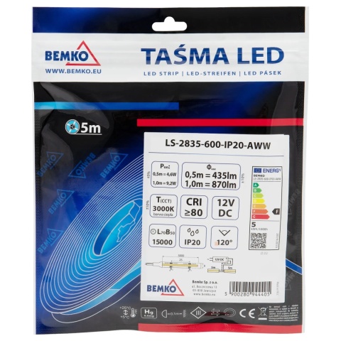 Taśma LED 2835-600 biały ciepły 12V 5m IP20 Bemko